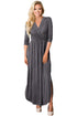 Sexy Gray Surplice Neck High Waist Pleated Pocket Maxi Dress